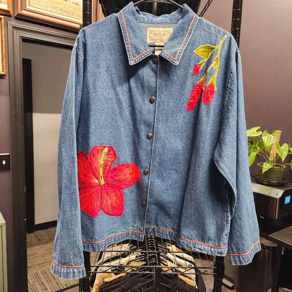 VINTAGE TANTRUMS Embroidered Lightweight Denim Jacket L - Picture 1 of 8